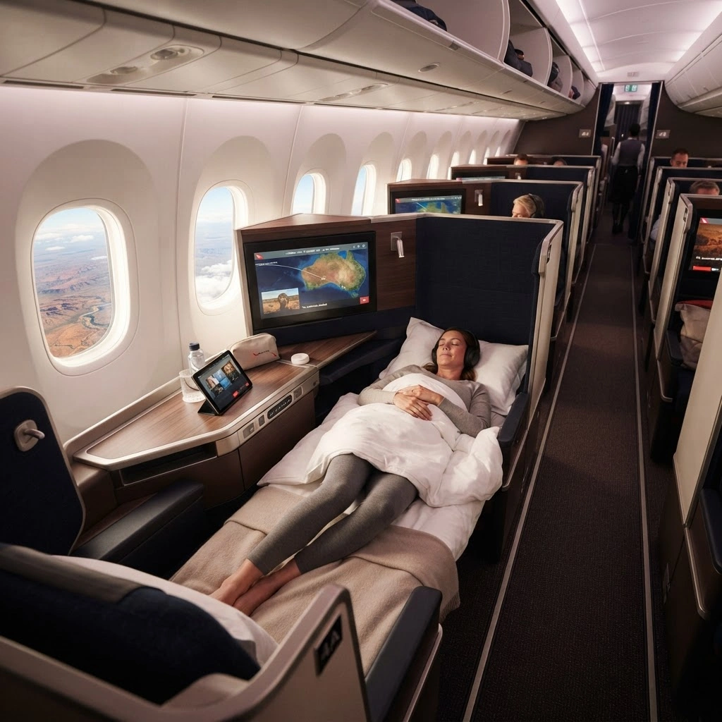 Business class flat bed cabin on a long-haul flight to Australia